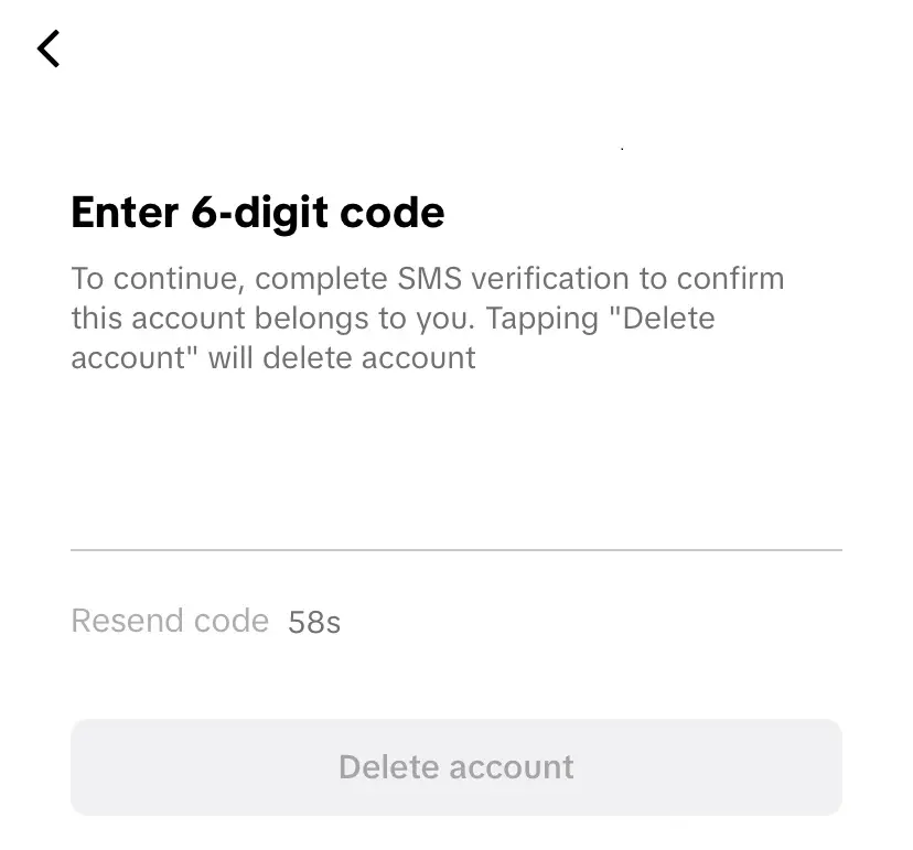 Immagine: Cancellare l’account TikTok: campo d’inserimento per il codice di conferma
