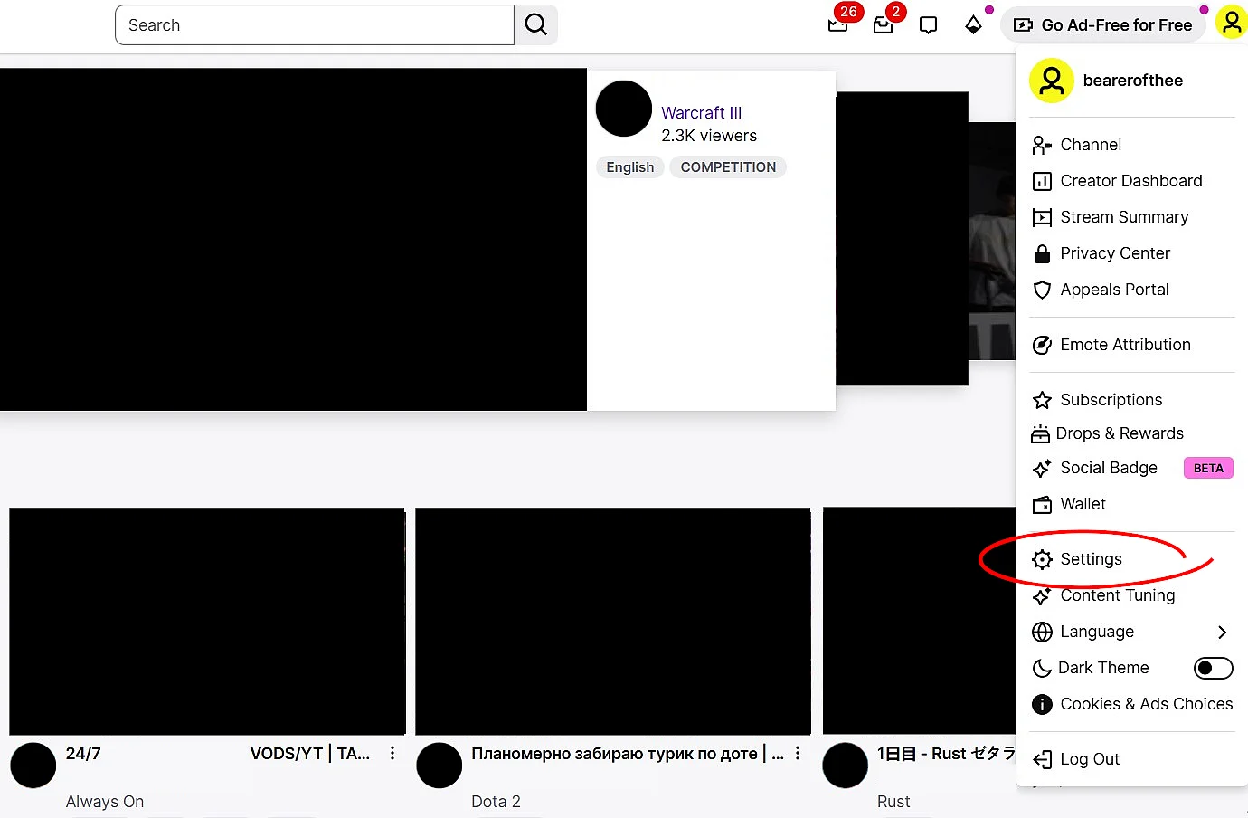 Immagine: Menu sotto l’immagine del profilo su Twitch