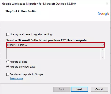 Google Workspace Migration for Microsoft Outlook: selezione della cartella PST