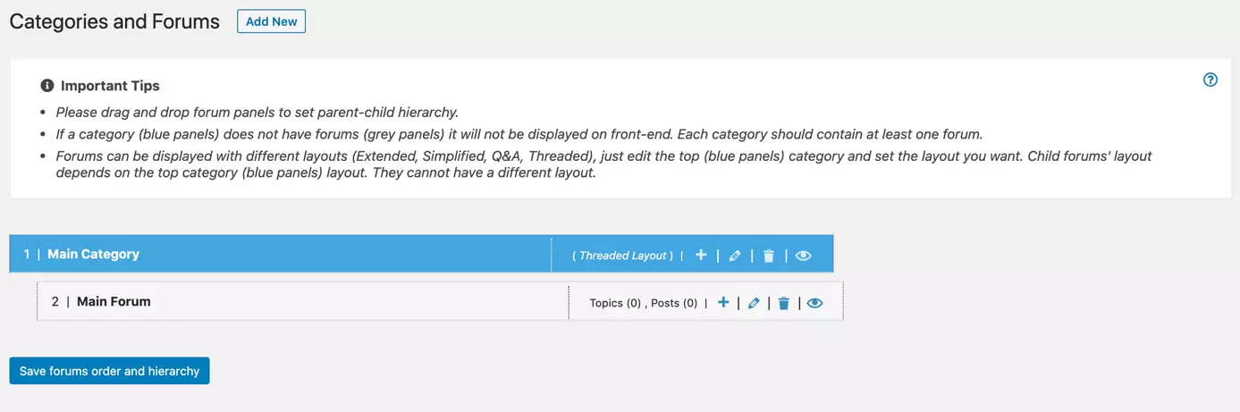 Menu nel back end di WordPress per creare categorie e forum con wpForo Forum