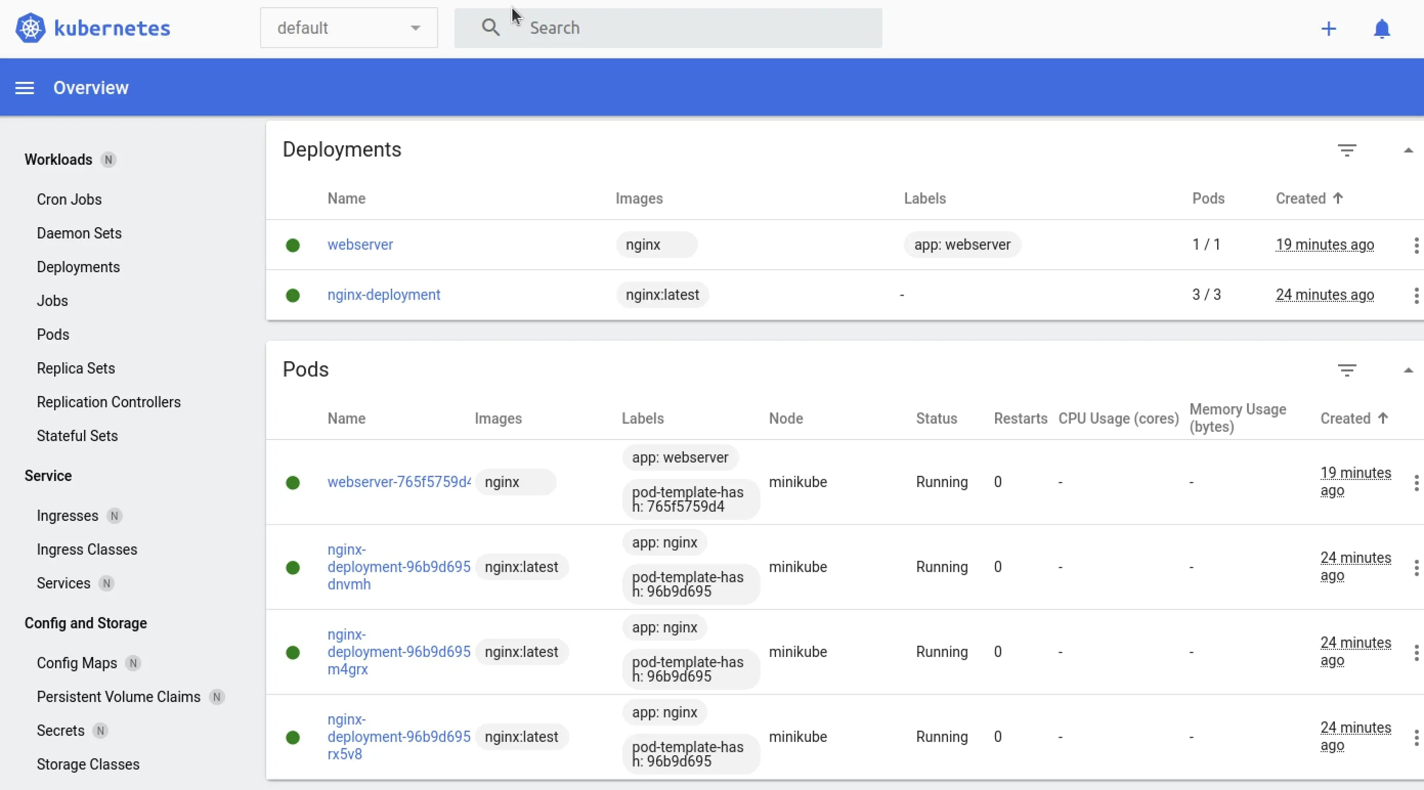 Dashboard di Kubernetes con un deployment e quattro pod Immagine: Dashboard di Kubernetes con un deployment e quattro pod