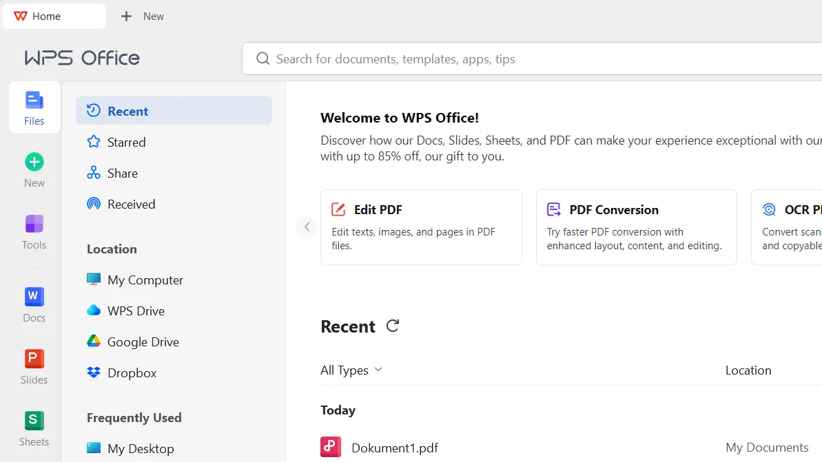 Immagine: Menu di avvio di WPS Office