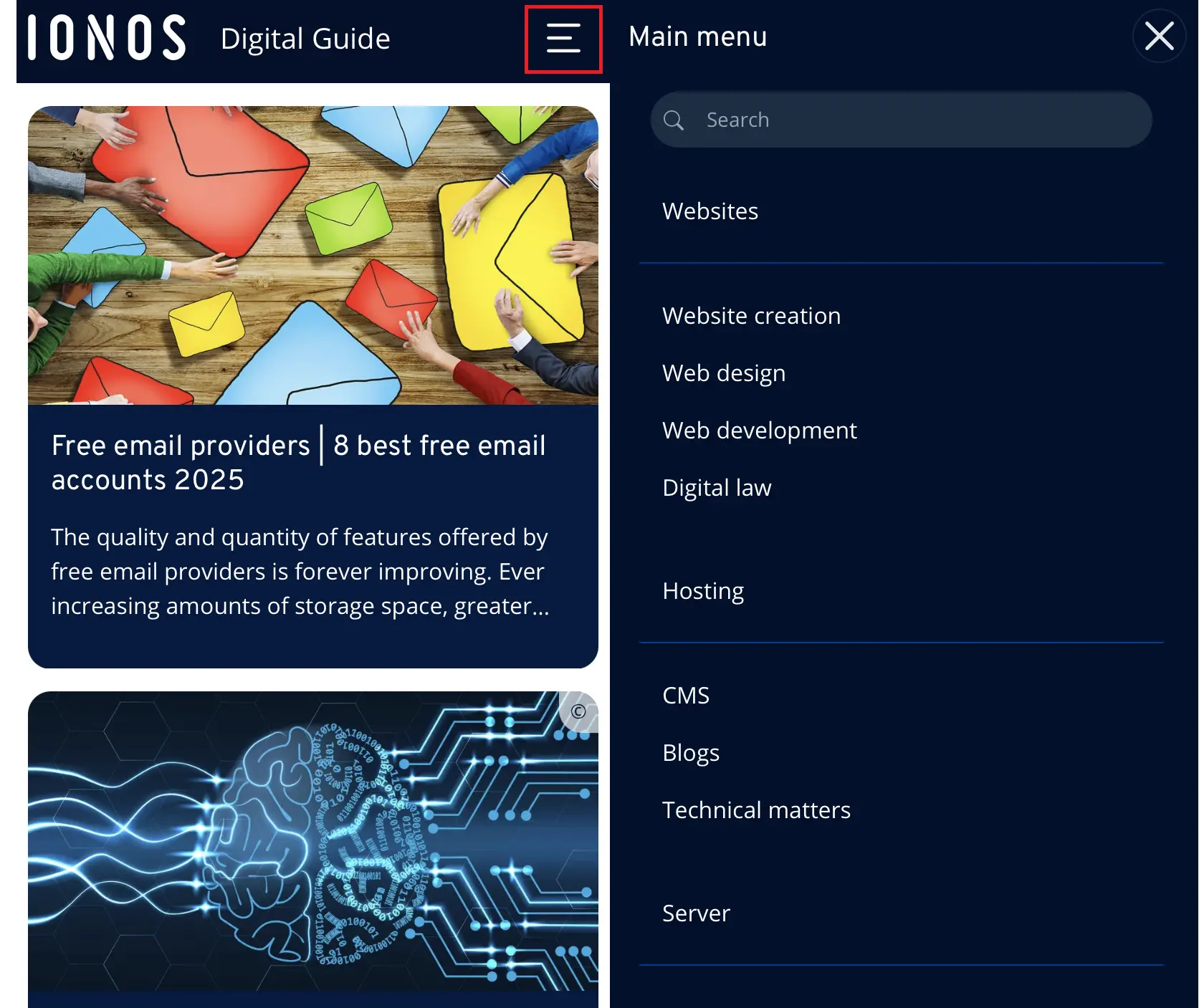 Immagine: Navigazione a elenco nella Digital Guide di IONOS