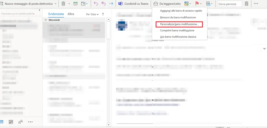 Immagine: Outlook con il menu aperto &ldquo;Personalizza barra multifunzione&hellip;&rdquo;