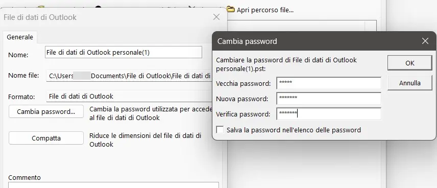 Immagine: Menu del file di dati su Outlook: cambia password