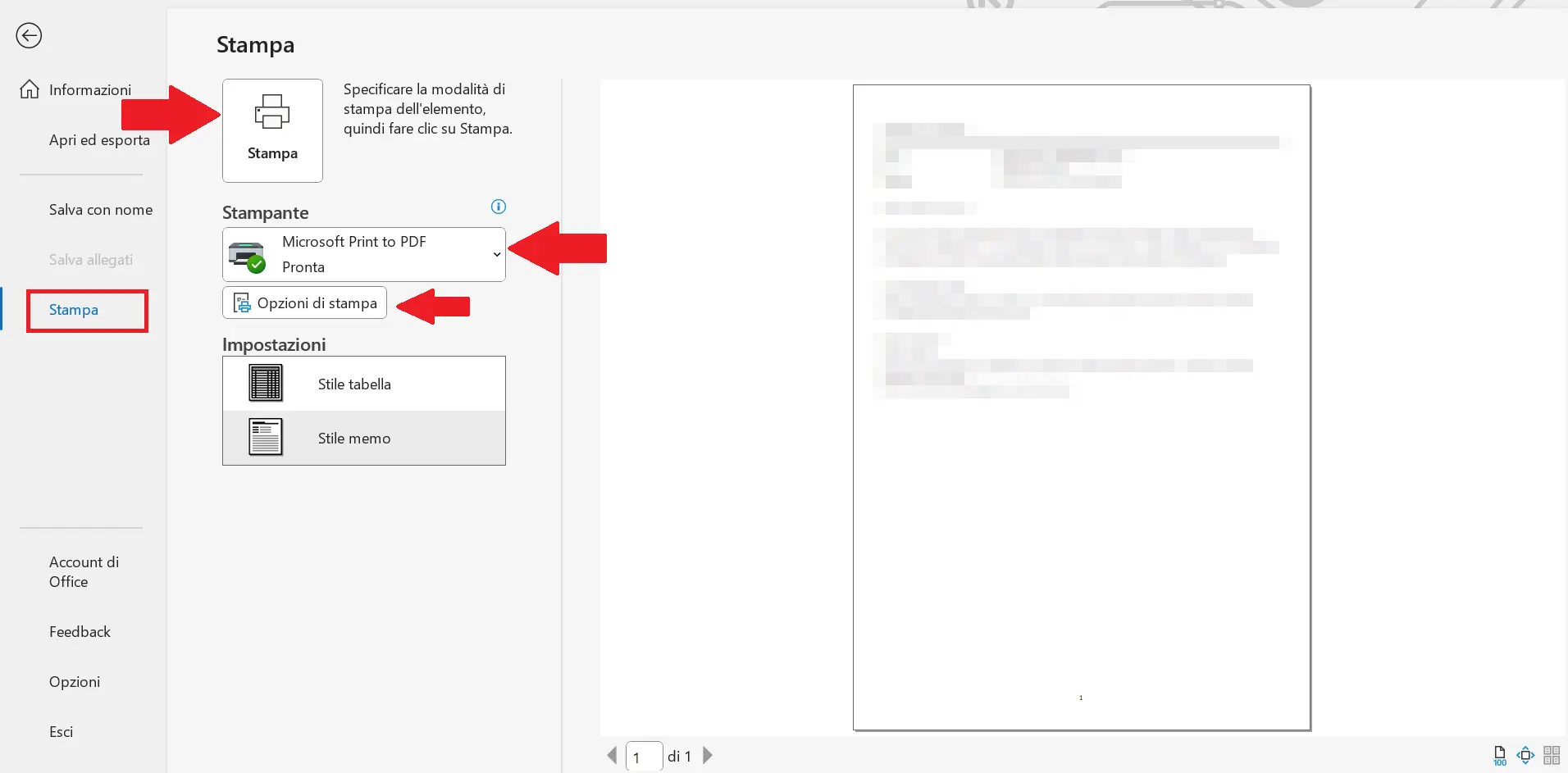 Immagine: Finestra &ldquo;Stampa&ldquo; con campo di stampa rettangolare nel lato sinistro. A destra l&rsquo;anteprima dell&rsquo;e-mail da stampare