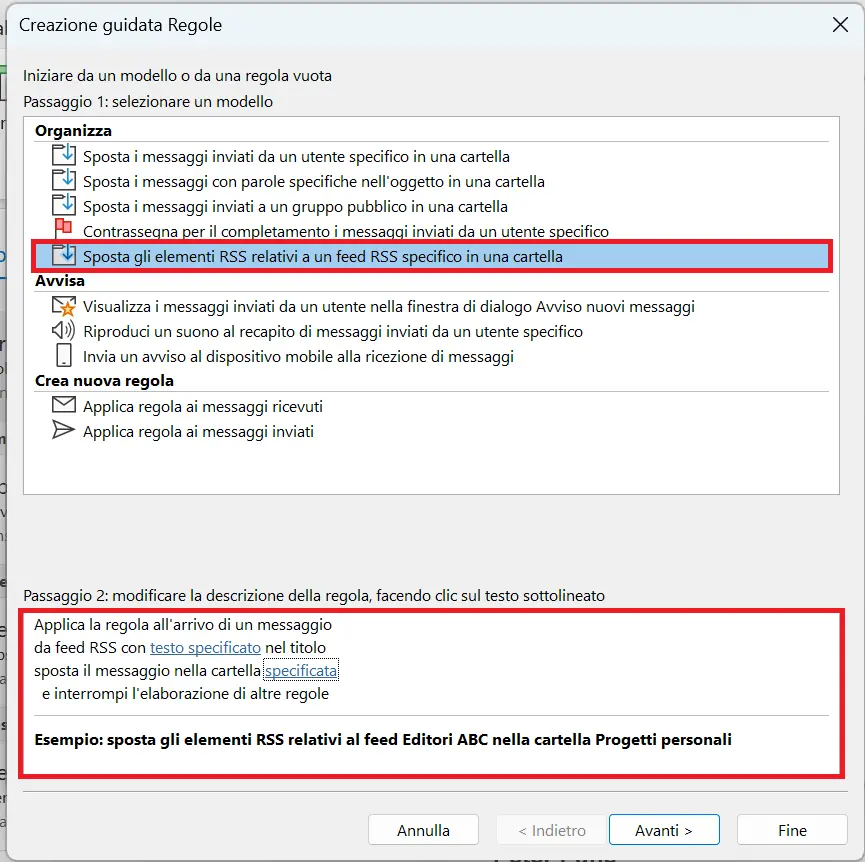 Creazione guidata Regole di Outlook: selezione del modello per la regola Immagine: Creazione guidata Regole di Outlook: selezione del modello per la regola