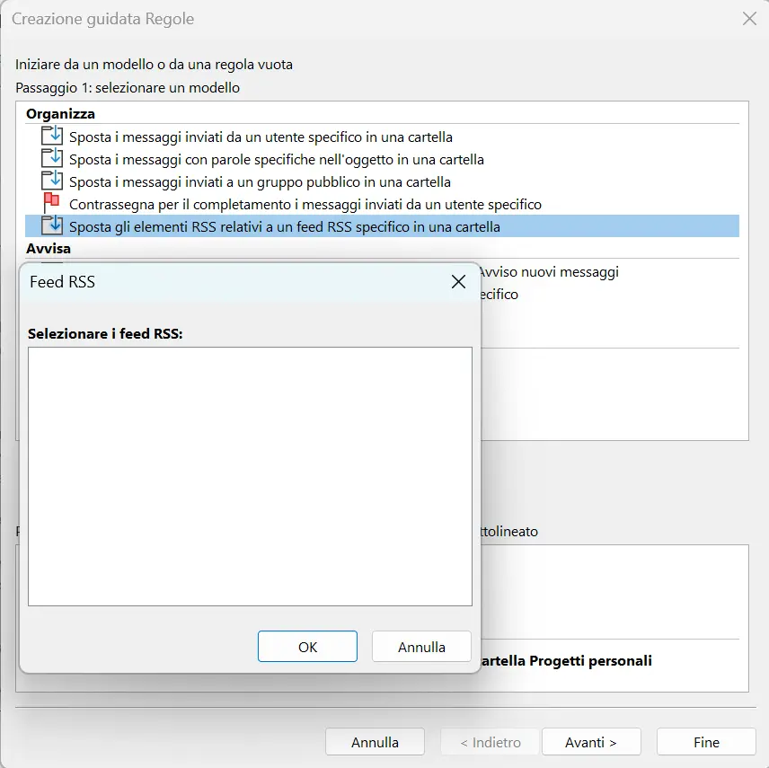 Creazione guidata Regole di Outlook: selezione del feed RSS Immagine: Creazione guidata Regole di Outlook: selezione del feed RSS