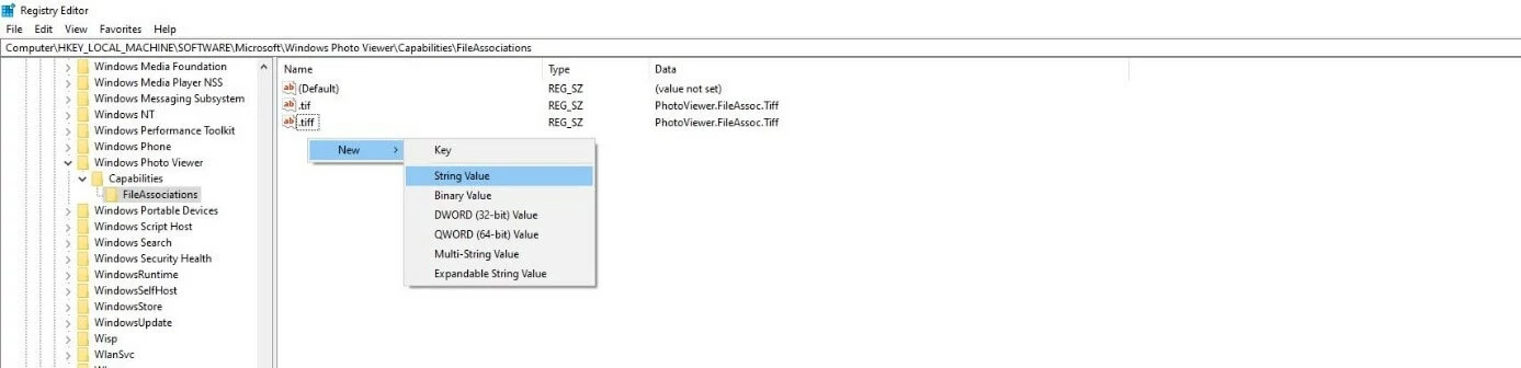 Immagine: Registro di sistema di Windows 10: nuovo “Valore stringa”