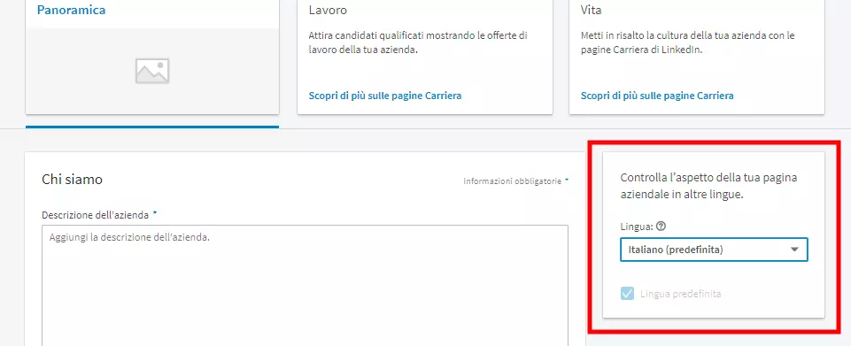 Immagine: Menu per l’impostazione della lingua del profilo aziendale su LinkedIn