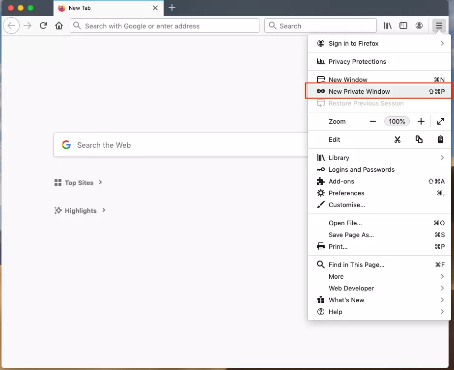 Immagine: Aprire nuova finestra anonima di Firefox attraverso il menu