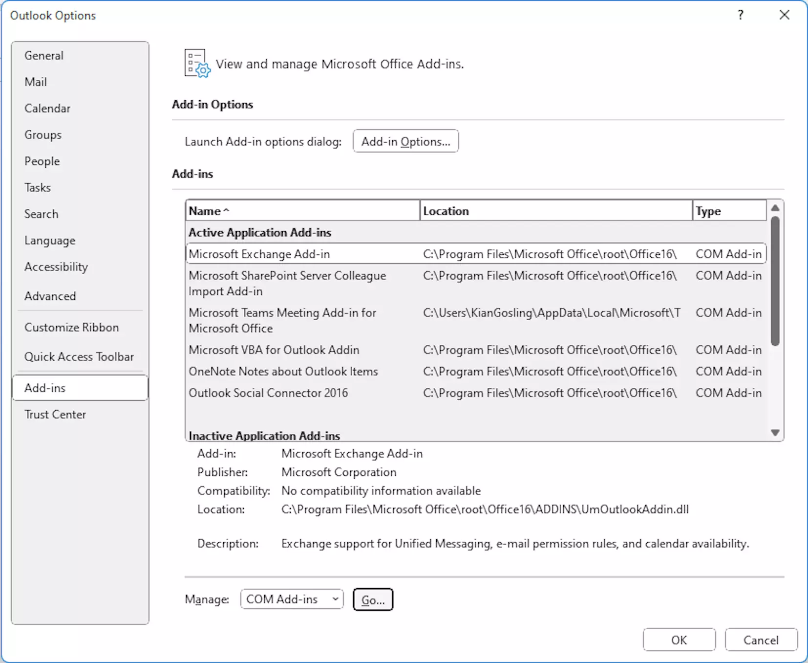 Voce del menu Componenti aggiuntivi nelle opzioni di Outlook Voce del menu Componenti aggiuntivi nelle opzioni di Outlook