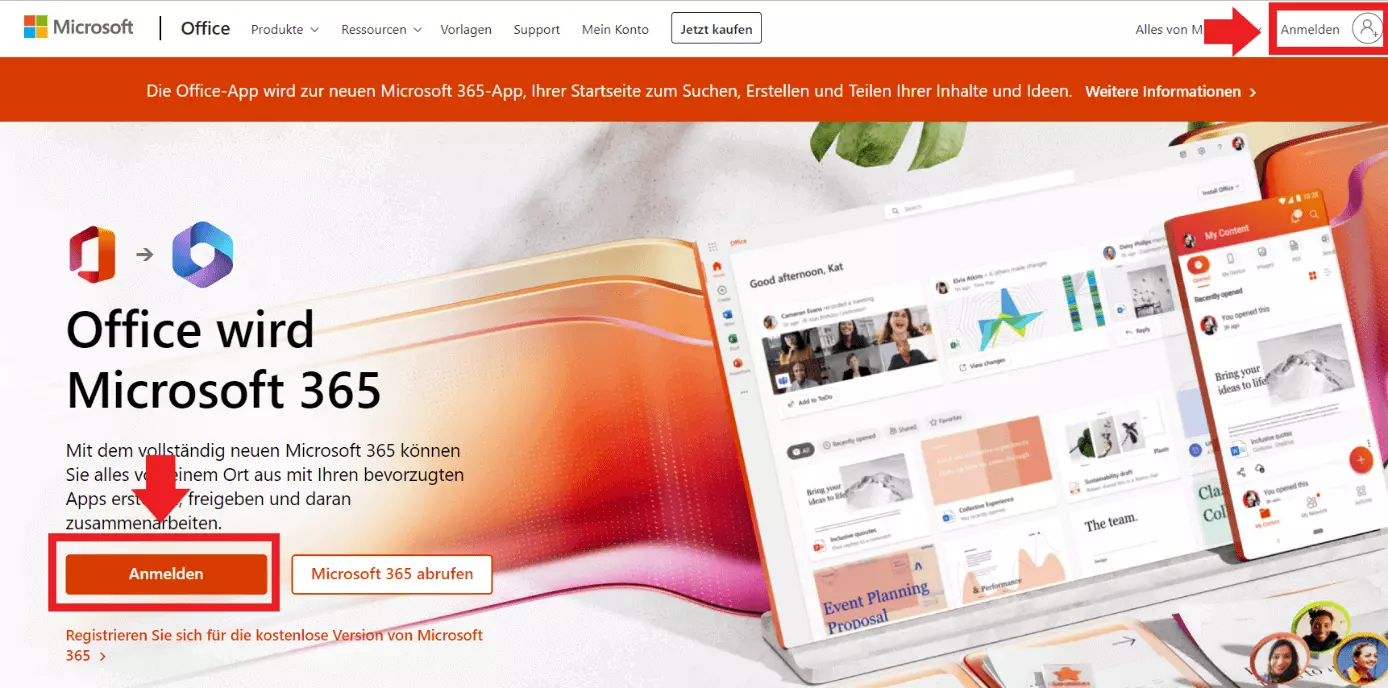 Die Startseite von Microsoft 365 mit Anmeldeoption Immagine: Die Startseite von Microsoft 365 mit Anmeldeoption