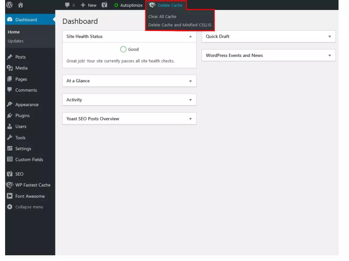 WP Fastest Cache: opzione per svuotare la cache di WordPress dalla dashboard