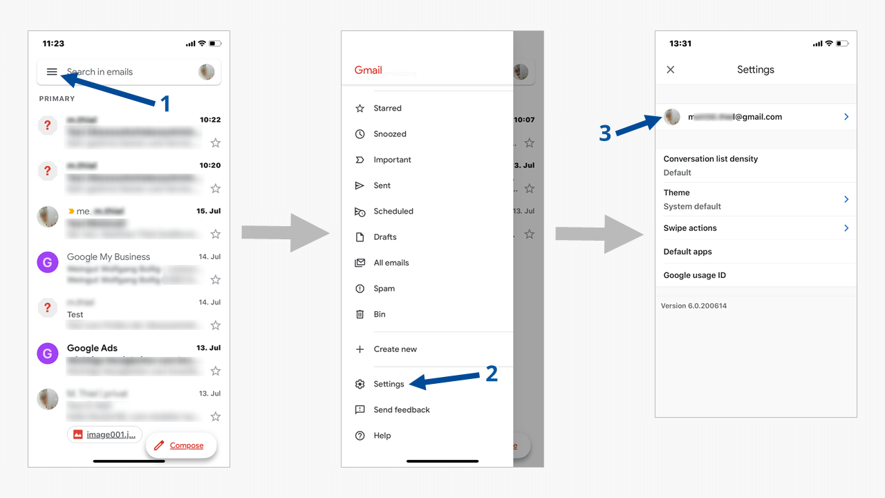Illustrazione dei passaggi necessari per l’impostazione della risposta automatica nell’app di Gmail