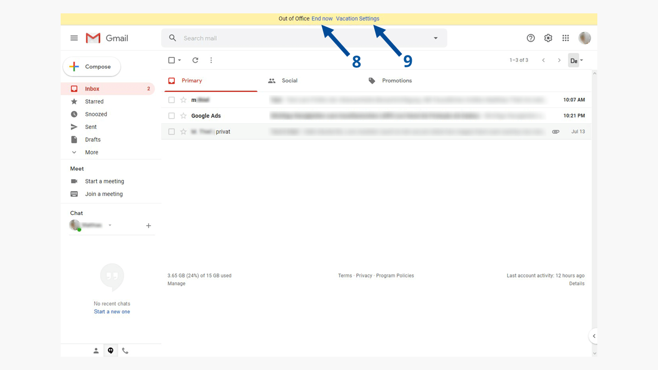 Risposta automatica su Gmail: l’attivazione della risposta automatica viene segnalata con un colore diverso