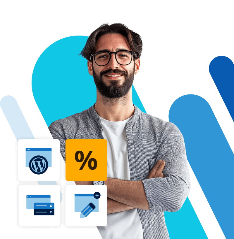 Uomo sorridente con icone WordPress e strumenti web. Immagine generata con IA.