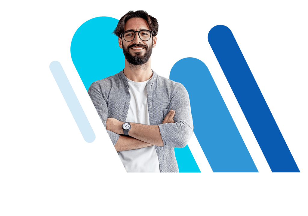 Uomo sorridente su sfondo astratto blu. Immagine generata con IA.