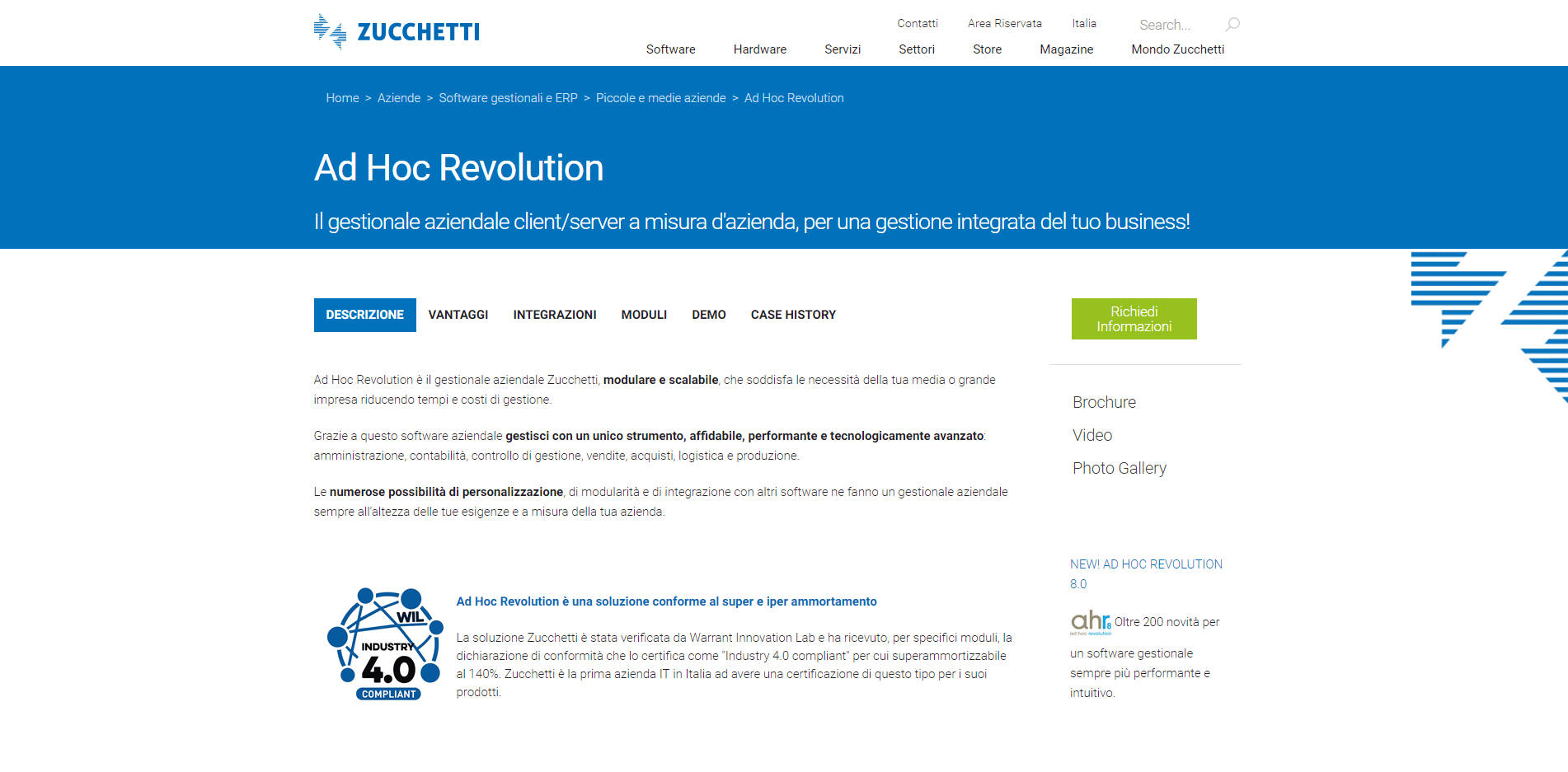 Screenshot della pagina di prodotto di Ad Hoc Revolution sul sito web di Zucchetti
