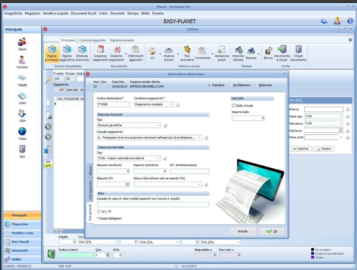 Schermata del software gestionale Easy Planet Free – Compilazione dati fattura elettronica