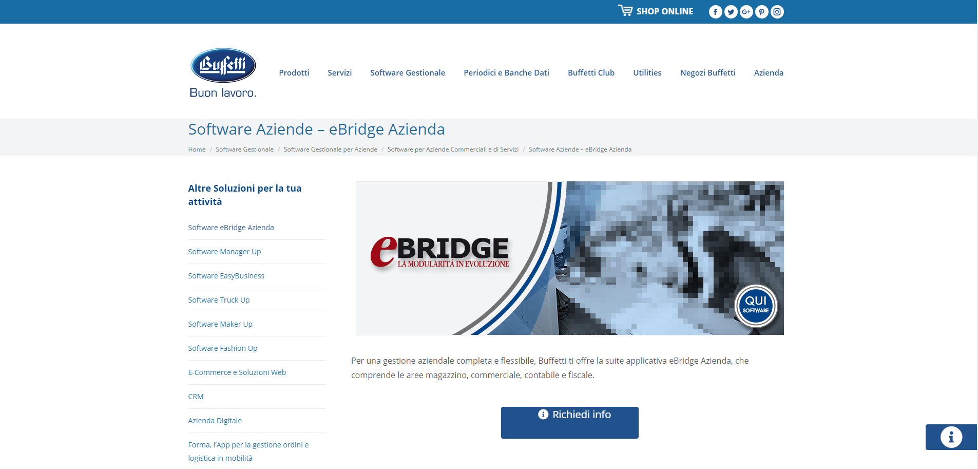 Screenshot della pagina di prodotto di eBridge Azienda sul sito web di Buffetti