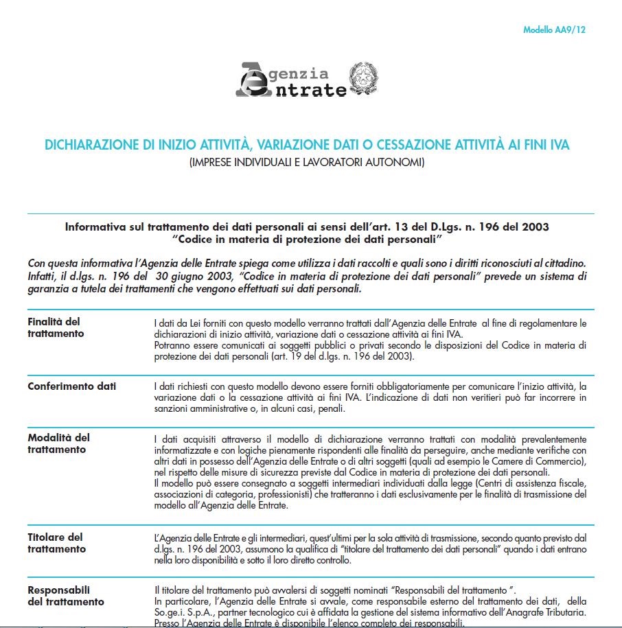 Prima pagina del modello AA9/12 per imprese individuali e lavoratori autonomi