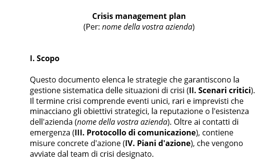 Crisis management plan: esempio di determinazione dello scopo.