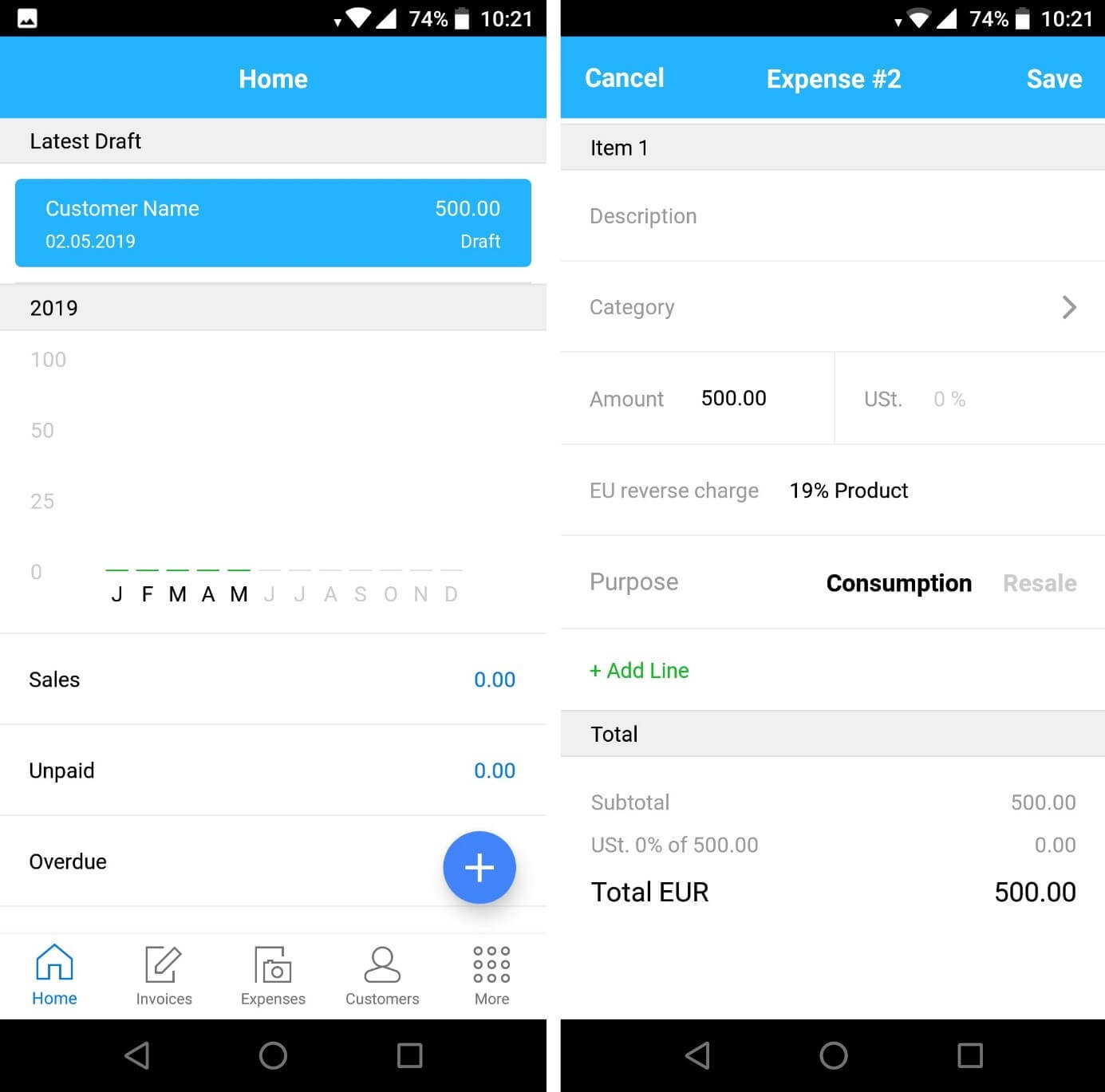 Dashboard e calcolo di esempio nella app Debitoor per Android