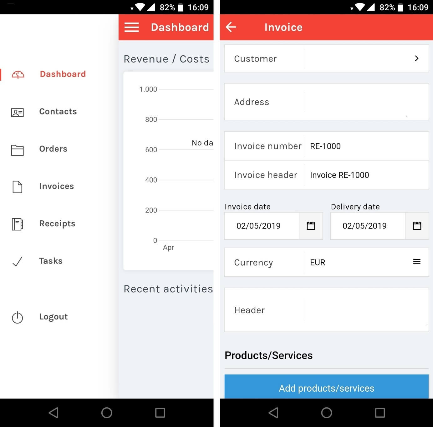 Dashboard e calcolo di esempio nell’app sevDesk per Android