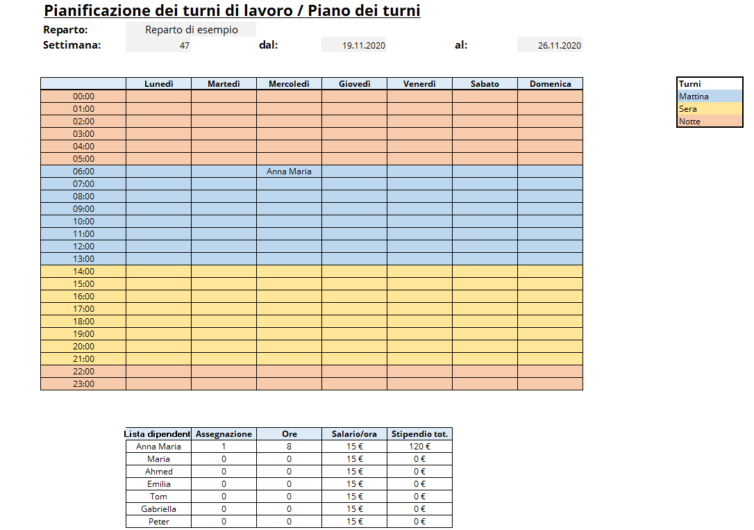 Screenshot del modello Excel del piano turni di 1&1 IONOS