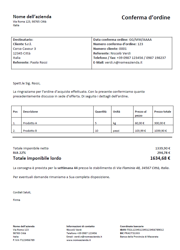 Modello Di Conferma Dordine Esempi Word Ed Excel Ionos